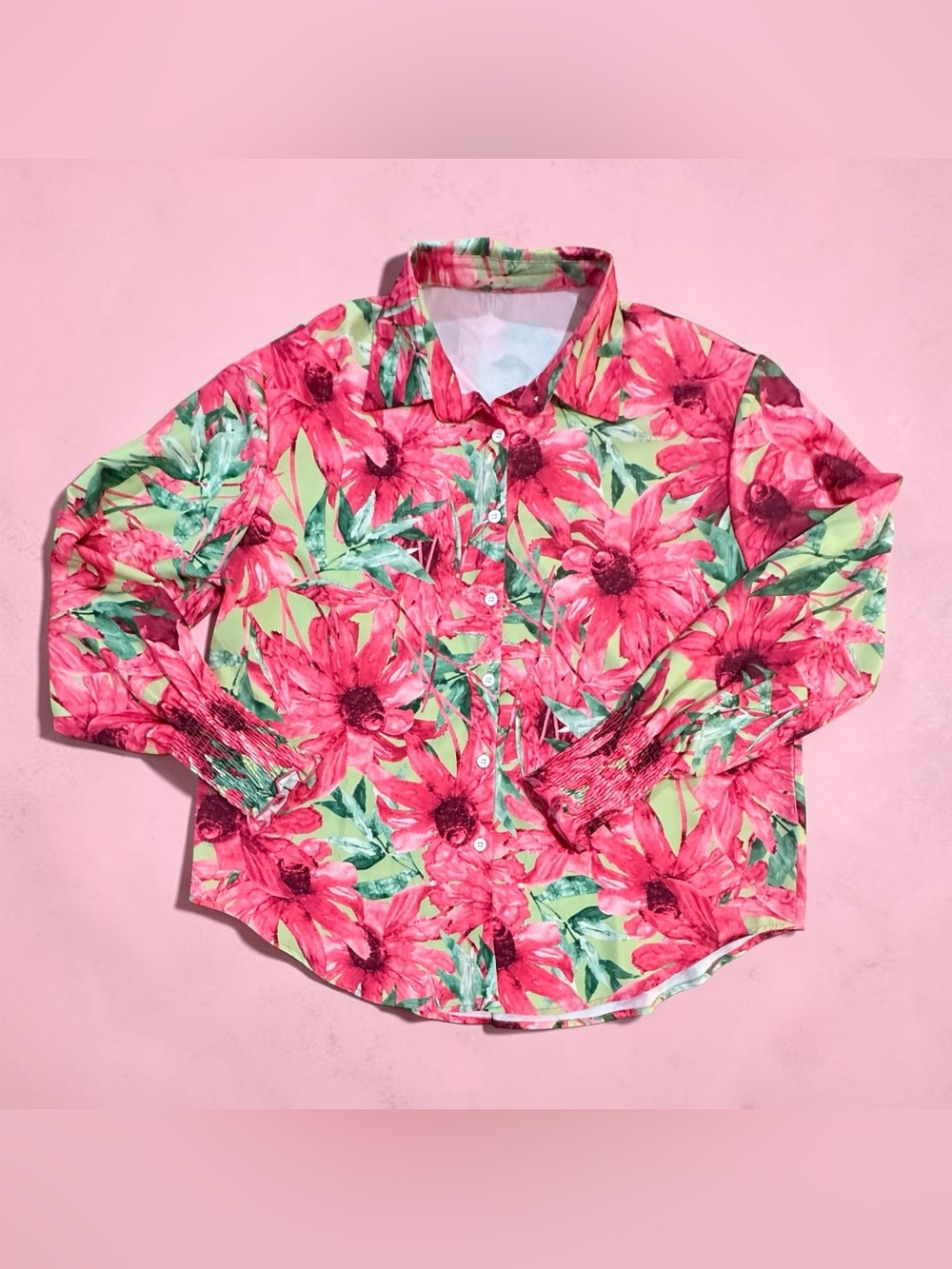 Floral Print Long-Sleeve Shirt in Pink and Green